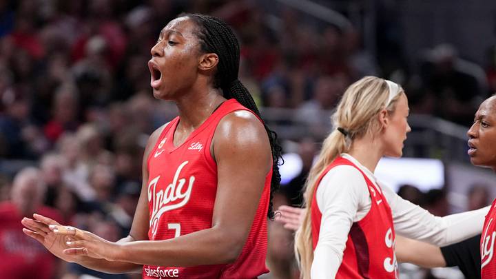 Indiana Fever center Aliyah Boston (7) reacts to the action Friday, Aug. 14, 2026, during the second half of a game at Gainbridge Fieldhouse in Indianapolis. The Indiana Fever defeated the Dallas Wings, 98-87.