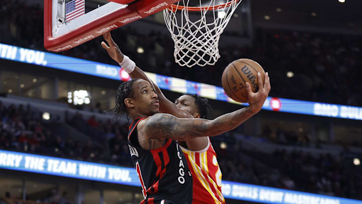 Apr 1, 2024; Chicago, Illinois, USA; Chicago Bulls forward DeMar DeRozan (11) goes to the basket