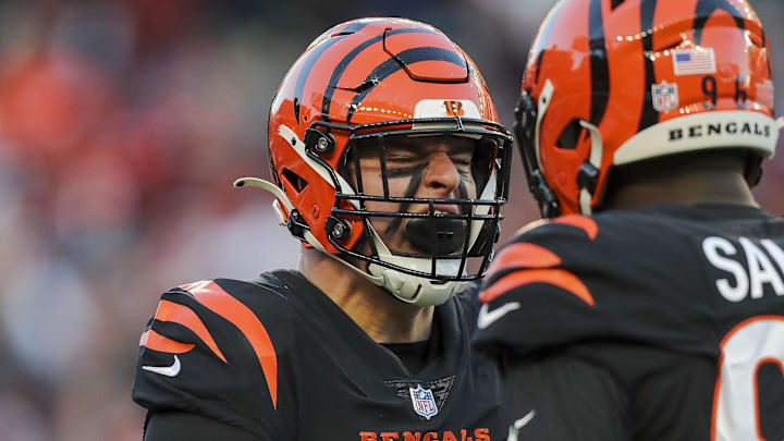 Dec 12, 2021; Cincinnati, Ohio, USA; Cincinnati Bengals defensive end Trey Hendrickson (91) reacts after sacking San Francisco 49ers quarterback Jimmy Garoppolo (not pictured) in the first half at Paul Brown Stadium. Mandatory Credit: Katie Stratman-Imagn Images