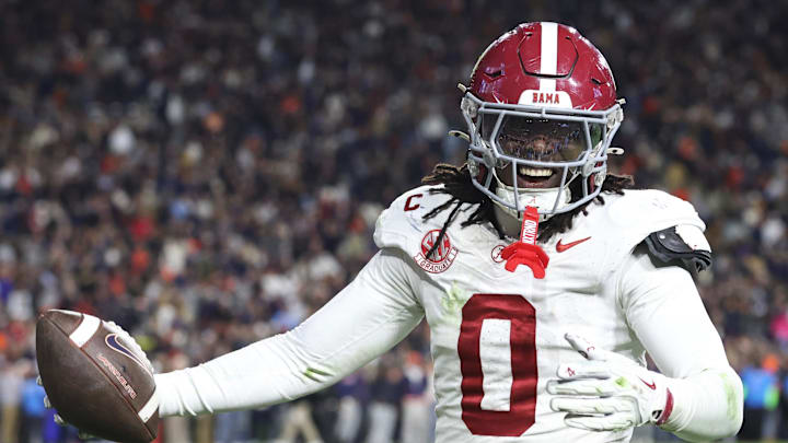 Nov 29, 2025; Auburn, Alabama, USA; Alabama Crimson Tide linebacker Deontae Lawson (0) reacts during the second half against the Auburn Tigers at Jordan-Hare Stadium. Mandatory Credit: John Reed-Imagn Images