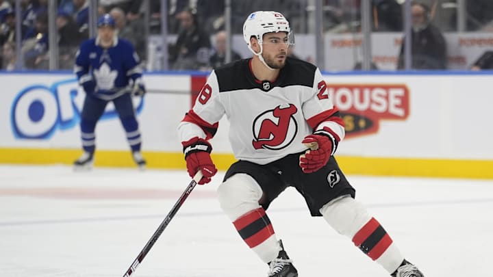 Oct 21, 2025; Toronto, Ontario, CAN; New Jersey Devils forward Timo Meier (28) skates against the Toronto Maple Leafs during the second period at Scotiabank Arena. Mandatory Credit: John E. Sokolowski-Imagn Images Oct 21, 2025; Toronto, Ontario, CAN; New Jersey Devils forward Timo Meier (28) skates against the Toronto Maple Leafs during the second period at Scotiabank Arena. Mandatory Credit: John E. Sokolowski-Imagn Images