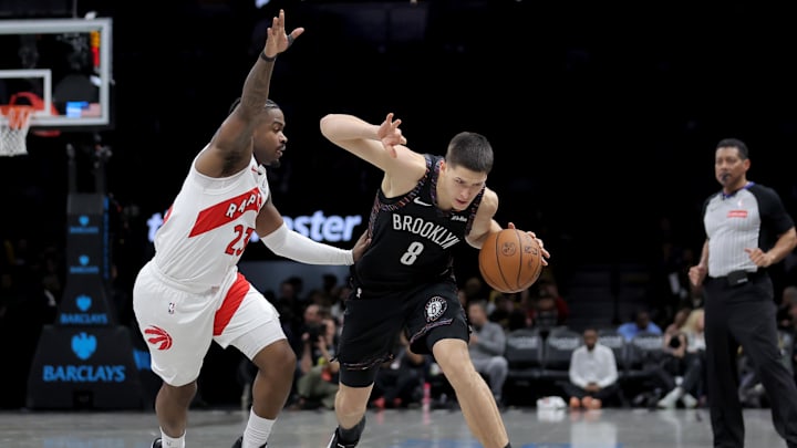 Nov 11, 2025; Brooklyn, New York, USA; Brooklyn Nets guard Egor Demin (8) brings the ball up court against Toronto Raptors guard Jamal Shead (23) during the fourth quarter at Barclays Center. Mandatory Credit: Brad Penner-Imagn Images Nov 11, 2025; Brooklyn, New York, USA; Brooklyn Nets guard Egor Demin (8) brings the ball up court against Toronto Raptors guard Jamal Shead (23) during the fourth quarter at Barclays Center. Mandatory Credit: Brad Penner-Imagn Images
