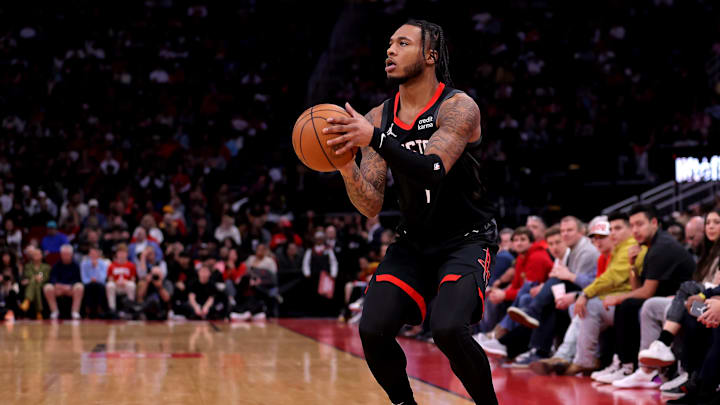 Jan 3, 2024; Houston, Texas, USA; Houston Rockets forward Cam Whitmore (7) takes a three-point shot against the Brooklyn Nets during the third quarter at Toyota Center. Mandatory Credit: Erik Williams-Imagn Images