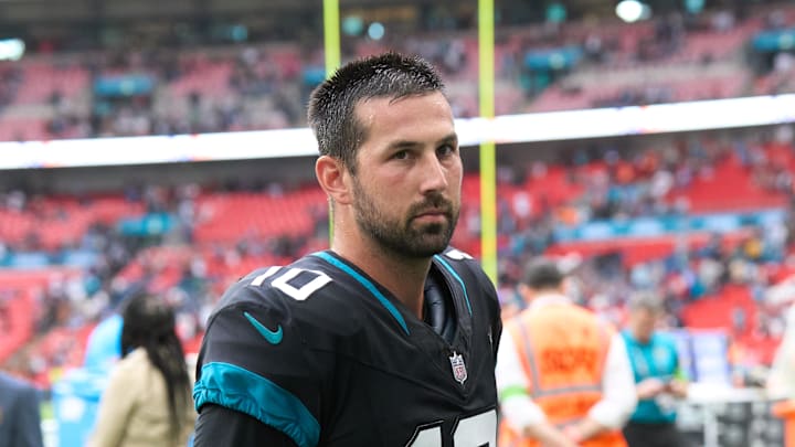 Oct 1, 2023; London, United Kingdom;  Jacksonville Jaguars place kicker Brandon McManus (10) leaves the field after the second half of an NFL International Series game at Wembley Stadium. Mandatory Credit: Peter van den Berg-USA TODAY Sports