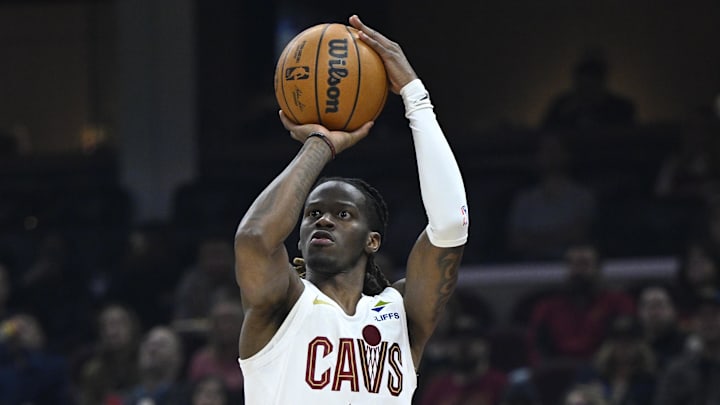 Apr 8, 2026; Cleveland, Ohio, USA; Cleveland Cavaliers guard Keon Ellis (14) shoots in the third quarter against the Atlanta Hawks at Rocket Arena. Mandatory Credit: David Richard-Imagn Images