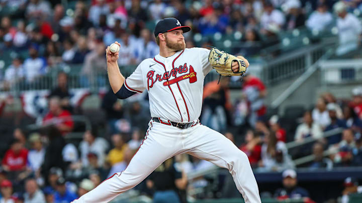 Mar 30, 2026; Cumberland, Georgia, USA; Atlanta Braves pitcher Bryce Elder (55) pitches the ball against the Athletics during the first inning at Truist Park. Mandatory Credit: Jordan Godfree-Imagn Images Mar 30, 2026; Cumberland, Georgia, USA; Atlanta Braves pitcher Bryce Elder (55) pitches the ball against the Athletics during the first inning at Truist Park. Mandatory Credit: Jordan Godfree-Imagn Images