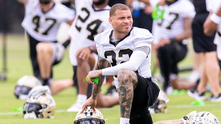 Jun 10, 2025; New Orleans, LA, USA; New Orleans Saints safety Tyrann Mathieu (32) looks on during stretches during minicamp at Ochsner Sports Performance Center. Mandatory Credit: Stephen Lew-Imagn Images Jun 10, 2025; New Orleans, LA, USA; New Orleans Saints safety Tyrann Mathieu (32) looks on during stretches during minicamp at Ochsner Sports Performance Center. Mandatory Credit: Stephen Lew-Imagn Images