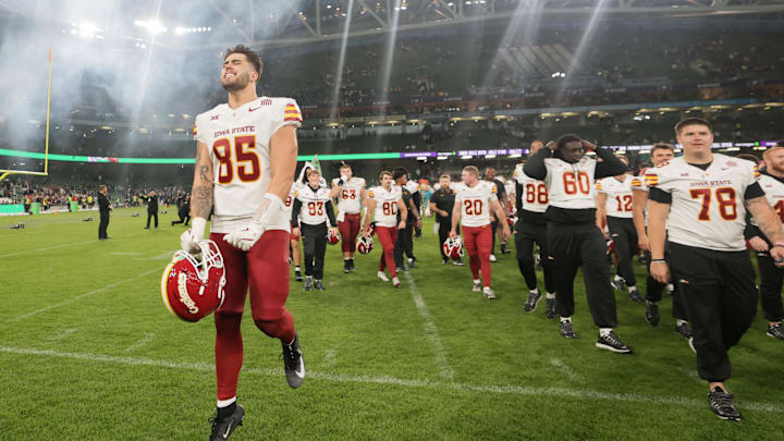 Aug 23, 2025; Dublin, IRELAND; Iowa State player Keaton Roskop celebrates after the Aer Lingus Classic between Iowa State and Kansas State at Aviva Stadium. Mandatory Credit: Laszlo Geczo/INPHO via Imagn Images