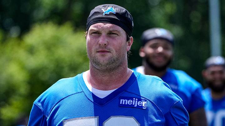 Detroit Lions tackle Blake Miller (76) walks off the field after practice during OTAs at Meijer Performance Center in Allen Park on Thursday, June 11, 2026.