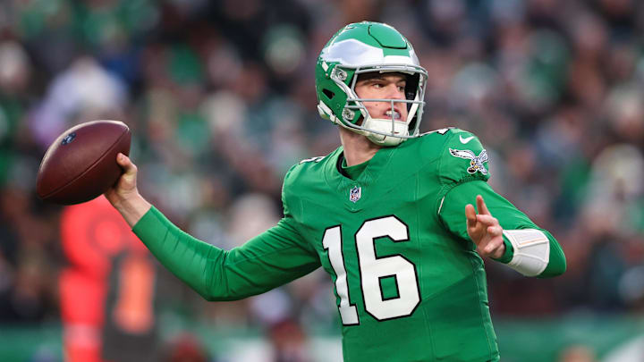 Jan 4, 2026; Philadelphia, Pennsylvania, USA; Philadelphia Eagles quarterback Tanner McKee (16) throws a pass during the second quarter against the Washington Commanders at Lincoln Financial Field. Mandatory Credit: Bill Streicher-Imagn Images