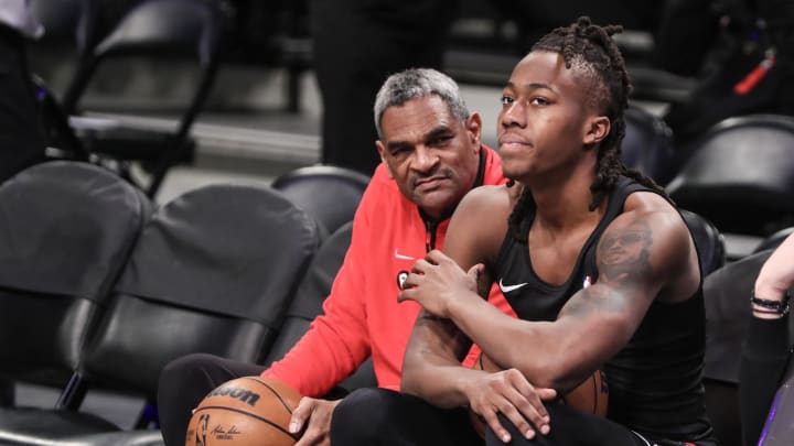 Feb 9, 2023; Brooklyn, New York, USA;  Chicago Bulls assistant coach Maurice Cheeks (l) and guard Ayo Dosunmu (12) talk during warmups prior to the game against the Brooklyn Nets at Barclays Center. Mandatory Credit: Wendell Cruz-USA TODAY Sports