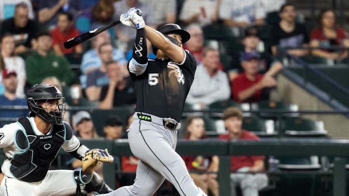 Apr 21, 2026; Phoenix, Arizona, USA; Chicago White Sox first baseman Munetaka Murakami hits a home run in the second inning against the Arizona Diamondbacks at Chase Field. Mandatory Credit: Mark J. Rebilas-Imagn Images
