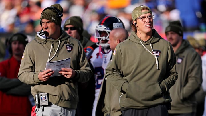 Jaxson Dart (right) was ruled out against the Lions and the Giants odds moved because of it. 