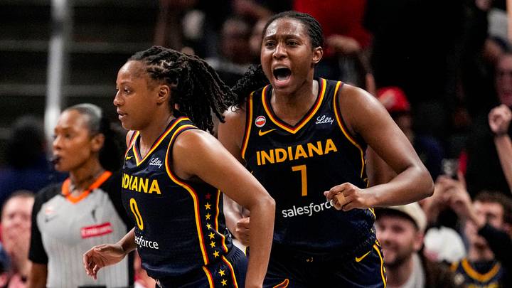 Indiana Fever center Aliyah Boston (7) yells in excitement after Indiana Fever guard Kelsey Mitchell (0) scores a three-point basket on Tuesday, Sept. 22, 2026, during the game at Gainbridge Fieldhouse in Indianapolis. Indiana Fever center Aliyah Boston (7) yells in excitement after Indiana Fever guard Kelsey Mitchell (0) scores a three-point basket on Tuesday, Sept. 22, 2026, during the game at Gainbridge Fieldhouse in Indianapolis.