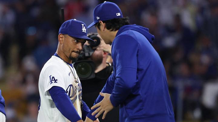 Los Angeles Dodgers shortstop Mookie Betts (50) celebrates the win with pitcher Shohei Ohtani (17) against the Washington Nationals at Dodger Stadium on Sept. 4, 2026. Los Angeles Dodgers shortstop Mookie Betts (50) celebrates the win with pitcher Shohei Ohtani (17) against the Washington Nationals at Dodger Stadium on Sept. 4, 2026.