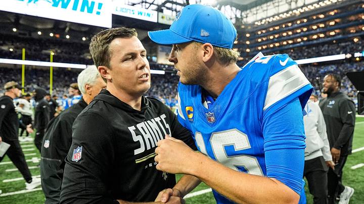 Detroit Lions quarterback Jared Goff (16) shakes hands with New Orleans Saints head coach Kellen Moore after 31-30 win at Ford Field in Detroit on Sunday, Sept. 13, 2026. Detroit Lions quarterback Jared Goff (16) shakes hands with New Orleans Saints head coach Kellen Moore after 31-30 win at Ford Field in Detroit on Sunday, Sept. 13, 2026.