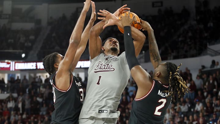 Mar 9, 2024; Starkville, Mississippi, USA; Mississippi State Bulldogs forward Tolu Smith (1) drives