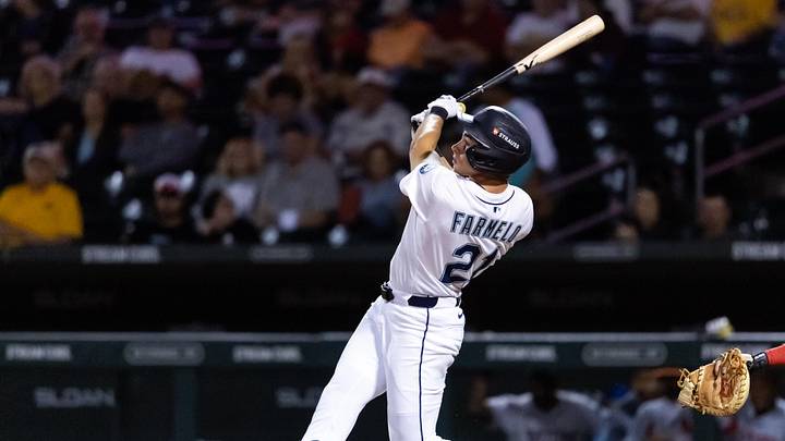 Nov 9, 2025; Mesa, AZ, USA; Seattle Mariners outfielder Jonny Farmelo during the Arizona Fall League Fall Stars Game at Sloan Park. Mandatory Credit: Mark J. Rebilas-Imagn Images Nov 9, 2025; Mesa, AZ, USA; Seattle Mariners outfielder Jonny Farmelo during the Arizona Fall League Fall Stars Game at Sloan Park. Mandatory Credit: Mark J. Rebilas-Imagn Images
