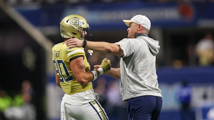 Sep 1, 2023; Atlanta, Georgia, USA; Georgia Tech Yellow Jackets tight end Brett Seither (80) celebrates after a touchdown with head coach Brent Key against the Louisville Cardinals in the second quarter at Mercedes-Benz Stadium. Mandatory Credit: Brett Davis-Imagn Images