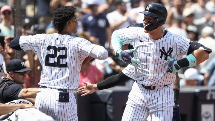 Aug 25, 2024; Bronx, New York, USA; New York Yankees center fielder Aaron Judge (99) celebrates with right fielder Juan Soto (22) after hitting a two run home run in the first inning against the Colorado Rockies at Yankee Stadium. Mandatory Credit: Wendell Cruz-USA TODAY Sports Aug 25, 2024; Bronx, New York, USA; New York Yankees center fielder Aaron Judge (99) celebrates with right fielder Juan Soto (22) after hitting a two run home run in the first inning against the Colorado Rockies at Yankee Stadium. Mandatory Credit: Wendell Cruz-USA TODAY Sports