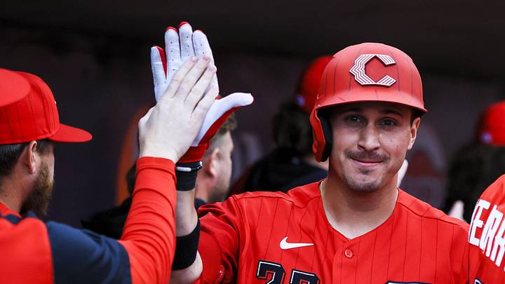 May 30, 2026; Cincinnati, Ohio, USA; Cincinnati Reds outfielder JJ Bleday (22) high fives teammates after hitting a two-run home run in the second inning against the Atlanta Braves at Great American Ball Park. Mandatory Credit: Katie Stratman-Imagn Images