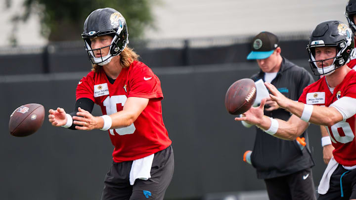 Jacksonville Jaguars quarterback Trevor Lawrence (16) takes a snap during the Jacksonville Jaguars’ mandatory minicamp Tuesday June 10, 2025 at the Miller Electric Center in Jacksonville, Fla. [Doug Engle/Florida Times-Union]