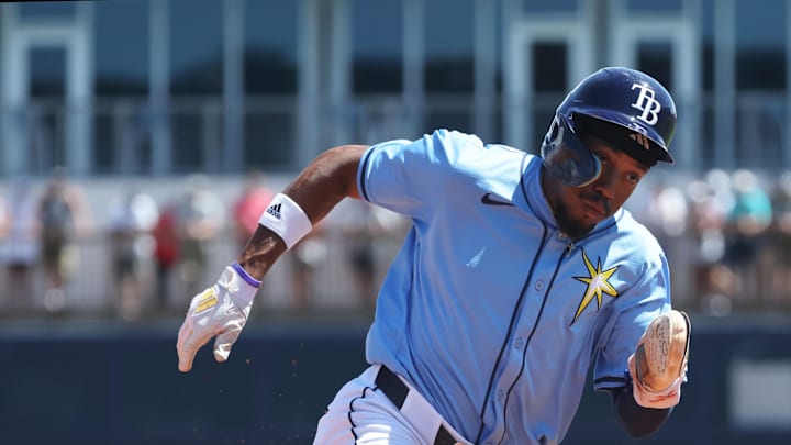 Tampa Bay Rays outfielder Chandler Simpson (96) runs home to score a run during the third inning against the New York Yankees at Charlotte Sports Park on March 15.