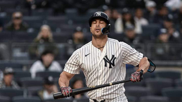 Apr 5, 2026; Bronx, New York, USA; New York Yankees designated hitter Giancarlo Stanton (27) reacts after striking out against the Miami Marlins during the fifth inning at Yankee Stadium. Mandatory Credit: John Jones-Imagn Images Apr 5, 2026; Bronx, New York, USA; New York Yankees designated hitter Giancarlo Stanton (27) reacts after striking out against the Miami Marlins during the fifth inning at Yankee Stadium. Mandatory Credit: John Jones-Imagn Images
