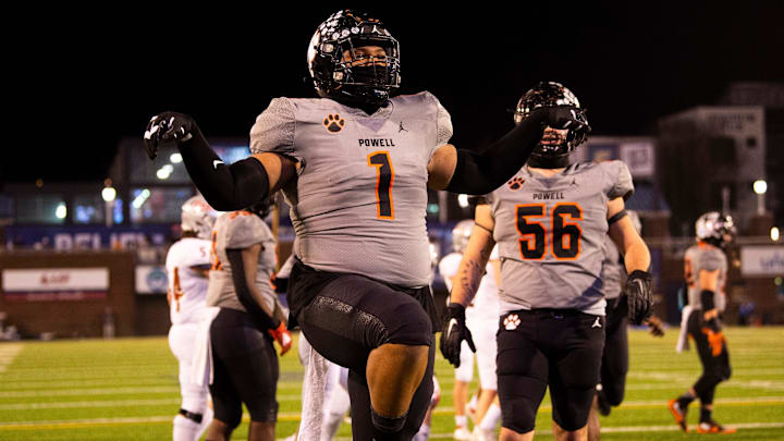Powell's Walter Nolen (1) celebrates a touchdown during the TSSAA Class 5A BlueCross Bowl football game between Powell and Page held at Finley Stadium in Chattanooga, Tenn., on Friday, Dec. 3, 2021.