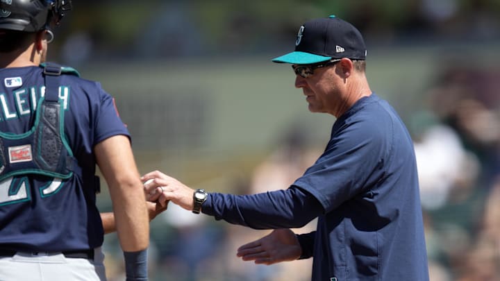 Seattle Mariners manager Dan Wilson (6) makes a pitching change against the Athletics during the eighth inning at Sutter Health Park on May 7. 
