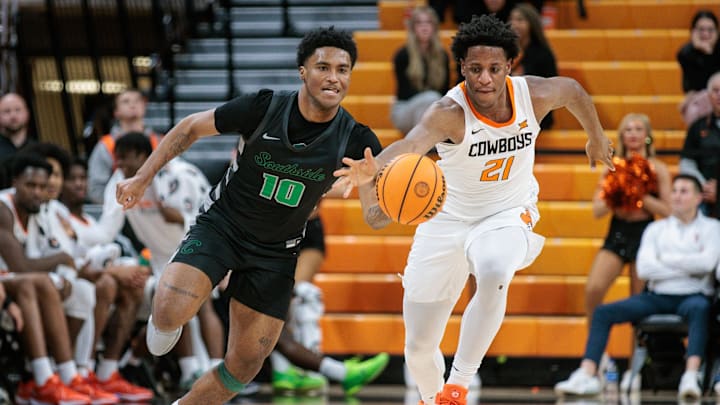 Jan 3, 2024; Stillwater, Oklahoma, USA; Oklahoma State Cowboys forward Justin McBride (21) and Jan 3, 2024; Stillwater, Oklahoma, USA; Oklahoma State Cowboys forward Justin McBride (21) and