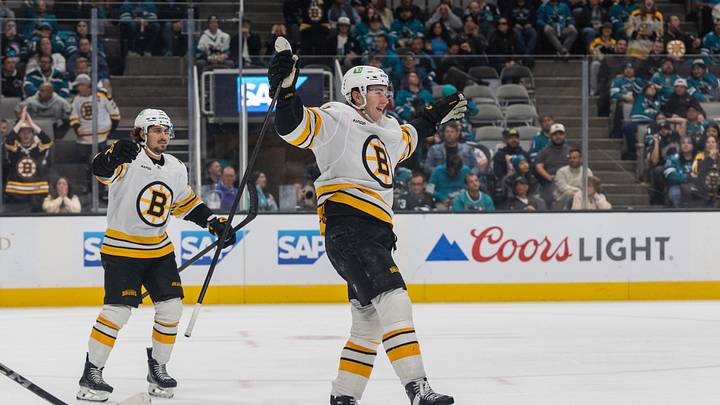 Oct 13, 2026; San Jose, California, USA;  Boston Bruins center Fraser Minten (93) celebrates after scoring a goal during the third period against the San Jose Sharks at SAP Center at San Jose.  Mandatory Credit: Stan Szeto-Imagn Images