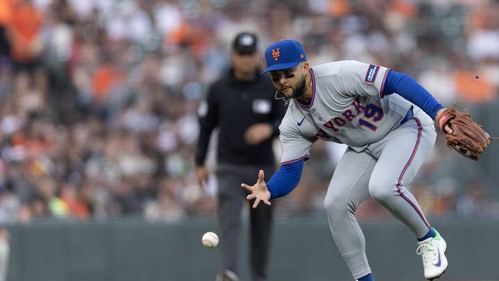 Apr 4, 2026; San Francisco, California, USA; New York Mets third baseman Bo Bichette (19) charges a ground ball by New York Mets pitcher Nolan McLean during the second inning at Oracle Park. Mandatory Credit: D. Ross Cameron-Imagn Images