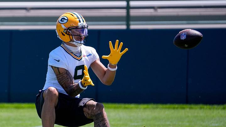 Green Bay Packers Christian Watson (9) catches a pass during practice on Tuesday, June 2, 2026, at Ray Nitschke Field in Ashwaubenon, Wis. 
Tork Mason/USA TODAY NETWORK-Wisconsin