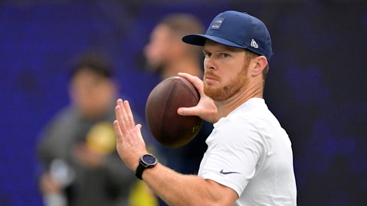Nov 16, 2025; Inglewood, California, USA;  Seattle Seahawks quarterback Sam Darnold (14) warms up prior to the game against the Los Angeles Rams at SoFi Stadium. Mandatory Credit: Jayne Kamin-Oncea-Imagn Images