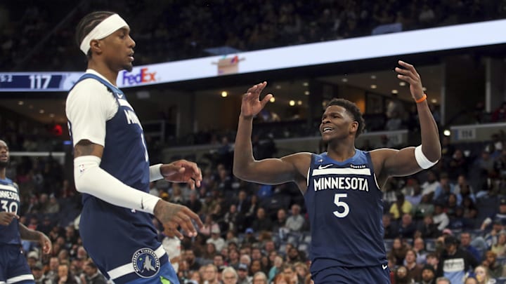 Feb 2, 2026; Memphis, Tennessee, USA; Minnesota Timberwolves forward Jaden McDaniels (3) and guard Anthony Edwards (5) react during the fourth quarter against the Memphis Grizzlies at FedExForum. Mandatory Credit: Petre Thomas-Imagn Images Feb 2, 2026; Memphis, Tennessee, USA; Minnesota Timberwolves forward Jaden McDaniels (3) and guard Anthony Edwards (5) react during the fourth quarter against the Memphis Grizzlies at FedExForum. Mandatory Credit: Petre Thomas-Imagn Images