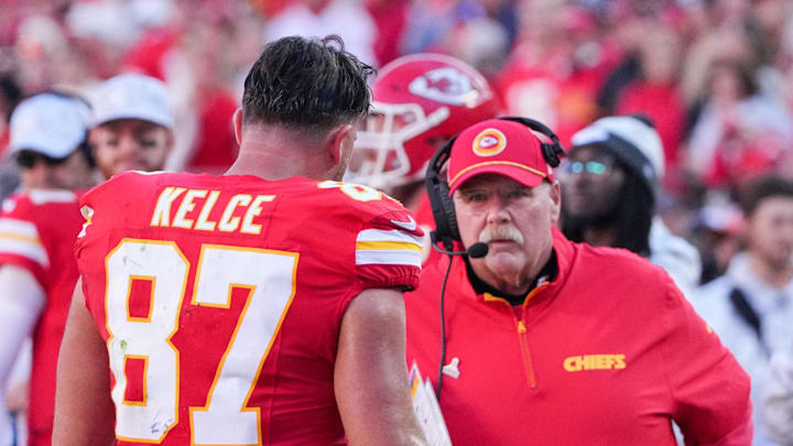 Nov 10, 2024; Kansas City, Missouri, USA; Kansas City Chiefs tight end Travis Kelce (87) talks with head coach Andy Reid against the Denver Broncos during the second half at GEHA Field at Arrowhead Stadium. Mandatory Credit: Denny Medley-Imagn Images Nov 10, 2024; Kansas City, Missouri, USA; Kansas City Chiefs tight end Travis Kelce (87) talks with head coach Andy Reid against the Denver Broncos during the second half at GEHA Field at Arrowhead Stadium. Mandatory Credit: Denny Medley-Imagn Images