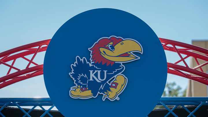 Oct 1, 2022; Lawrence, Kansas, USA; Kansas Jayhawks logo at entrance to the field prior to the game between the Kansas Jayhawks and the Iowa State Cyclones at David Booth Kansas Memorial Stadium. Mandatory Credit: William Purnell-Imagn Images