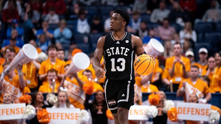 Mississippi State Bulldogs guard Josh Hubbard (13) brings the ball up the court against Tennessee during their SEC Men's Basketball Tournament quarterfinal game at Bridgestone Arena in Nashville, Tenn., Friday, March 15, 2024.