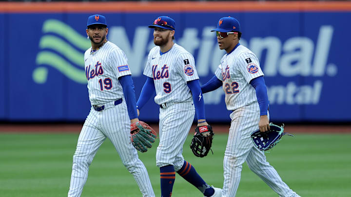 Apr 4, 2025; New York City, New York, USA; New York Mets center fielder Jose Siri (19) and left fielder Brandon Nimmo (9) and right fielder Juan Soto (22) celebrate after defeating the Toronto Blue Jays during the ninth inning at Citi Field. Mandatory Credit: Brad Penner-Imagn Images Apr 4, 2025; New York City, New York, USA; New York Mets center fielder Jose Siri (19) and left fielder Brandon Nimmo (9) and right fielder Juan Soto (22) celebrate after defeating the Toronto Blue Jays during the ninth inning at Citi Field. Mandatory Credit: Brad Penner-Imagn Images