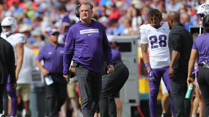 TCU Horned Frogs head coach Sonny Dykes walks the field during the first quarter of the game against the Kansas Jayhawks Saturday, September 28, 2024, at GEHA Field at Arrowhead Stadium.