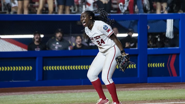 Jun 5, 2025; Oklahoma City, OK, USA;  Texas Tech Red Raiders pitcher NiJaree Canady (24) reacts after her team defeats the Texas Longhorns in the NCAA Softball Women's College World Series finals at Devon Park. Mandatory Credit: Brett Rojo-Imagn Images