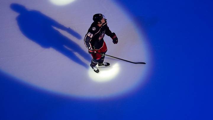 Oct 1, 2026; Columbus, Ohio, USA;  Columbus Blue Jackets left wing Matthew Knies skates on the ice during player introductions before the game against the Buffalo Sabres at Nationwide Arena. Mandatory Credit: Aaron Doster-Imagn Images