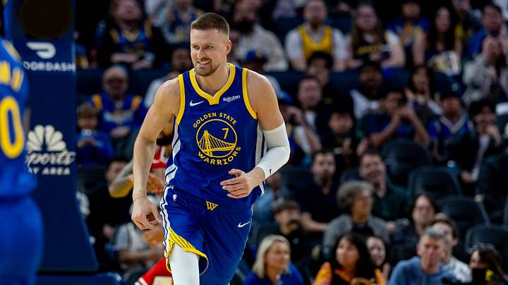 Mar 10, 2026; San Francisco, California, USA; Golden State Warriors center Kristaps Porzingis (7) celebrates during the third quarter against the Chicago Bulls at Chase Center. Mandatory Credit: Bob Kupbens-Imagn Images Mar 10, 2026; San Francisco, California, USA; Golden State Warriors center Kristaps Porzingis (7) celebrates during the third quarter against the Chicago Bulls at Chase Center. Mandatory Credit: Bob Kupbens-Imagn Images