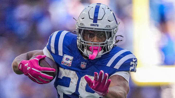 Indianapolis Colts running back Jonathan Taylor (28) takes off on a run Sunday, Oct. 18, 2026, during the game against the Tennessee Titans at Lucas Oil Stadium in Indianapolis. Indianapolis Colts running back Jonathan Taylor (28) takes off on a run Sunday, Oct. 18, 2026, during the game against the Tennessee Titans at Lucas Oil Stadium in Indianapolis.