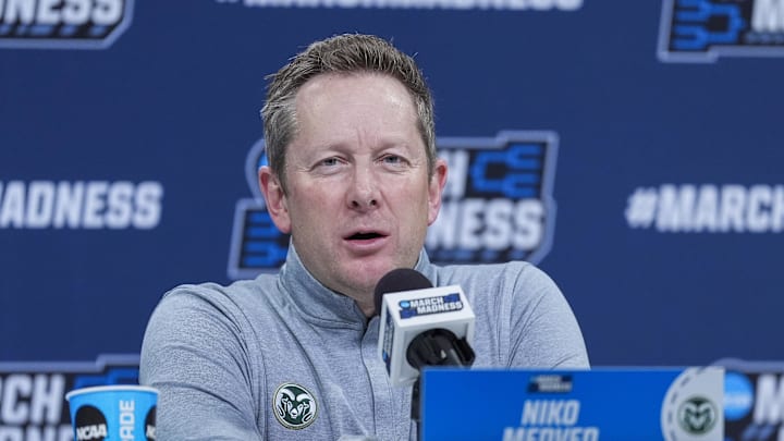 Mar 20, 2024; Charlotte, NC, USA; Colorado State Rams head coach Niko Medved speaks to the media during the NCAA first round practice session at Spectrum Center. Mandatory Credit: Jim Dedmon-Imagn Images Mar 20, 2024; Charlotte, NC, USA; Colorado State Rams head coach Niko Medved speaks to the media during the NCAA first round practice session at Spectrum Center. Mandatory Credit: Jim Dedmon-Imagn Images