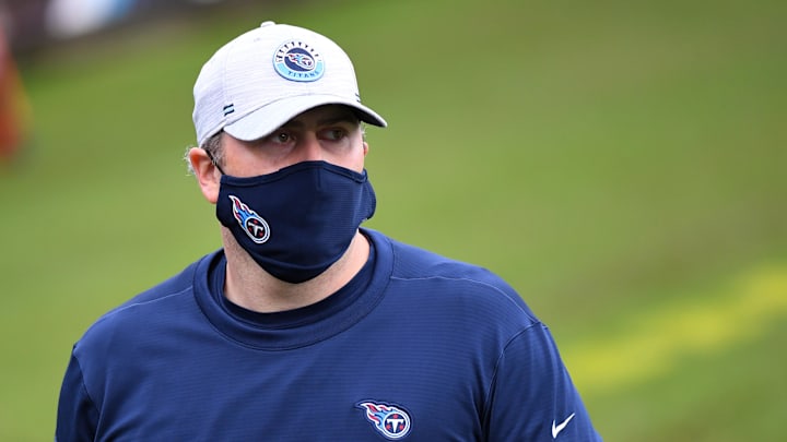 Oct 25, 2020; Nashville, Tennessee, USA; Tennessee Titans offensive coordinator Arthur Smith walks off the field before the game against the Pittsburgh Steelers at Nissan Stadium. Mandatory Credit: Christopher Hanewinckel-Imagn Images