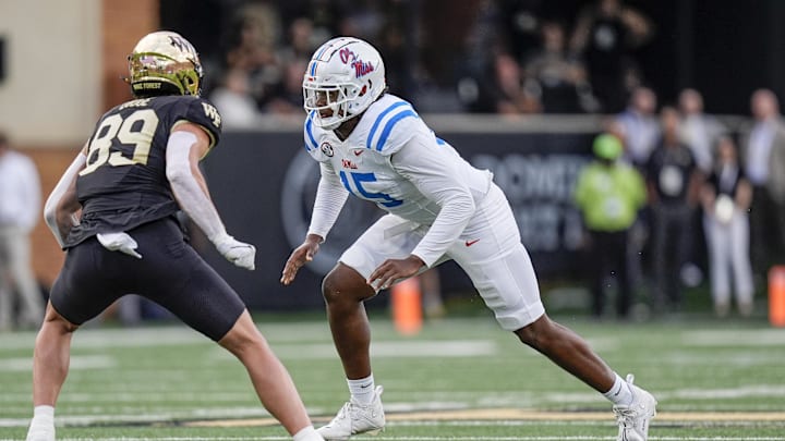 Sep 14, 2024; Winston-Salem, North Carolina, USA; Mississippi Rebels defensive end Jared Ivey (15) against Wake Forest Demon Deacons tight end Harry Lodge (89) during the first half at Allegacy Federal Credit Union Stadium. Mandatory Credit: Jim Dedmon-Imagn Images Sep 14, 2024; Winston-Salem, North Carolina, USA; Mississippi Rebels defensive end Jared Ivey (15) against Wake Forest Demon Deacons tight end Harry Lodge (89) during the first half at Allegacy Federal Credit Union Stadium. Mandatory Credit: Jim Dedmon-Imagn Images
