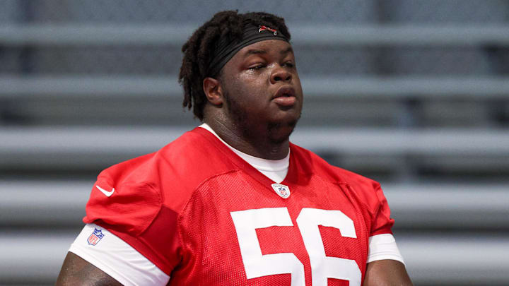 Jun 10, 2025; Tampa Bay, FL, USA; Tampa Bay Buccaneers defensive tackle Desmond Watson (56) participates in mini camp at AdventHealth Training Center. Mandatory Credit: Nathan Ray Seebeck-Imagn Images