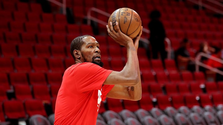 Feb 5, 2026; Houston, Texas, USA; Houston Rockets forward Kevin Durant (7) warms up prior to a game against the Charlotte Hornets at Toyota Center. Mandatory Credit: Erik Williams-Imagn Images